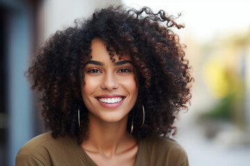 Wall Mural - Generative AI picture of beautiful young woman afro volume hair style in the street sunny day