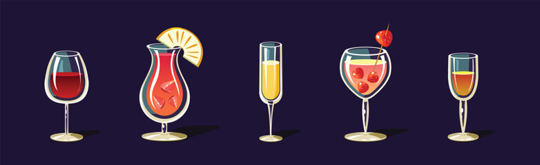 Canvas Print - Cocktail and Beverage Poured in Glass as Alcohol Drink Vector Set