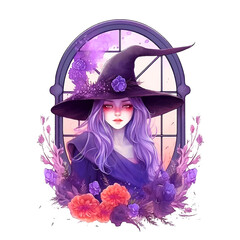 Wall Mural - Beautiful witch with window in the background at night surrounded by flowers watercolor paint