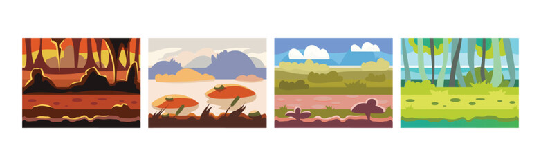 Wall Mural - Flat Landscapes View and Picture as Game Background Vector Set