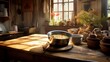 a cozy scene of a rustic farmhouse kitchen, where a pot of simmering soup sits on the stove, and a wooden table is set for a hearty family dinner