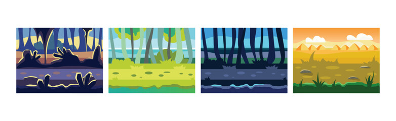 Sticker - Flat Landscapes View and Picture as Game Background Vector Set