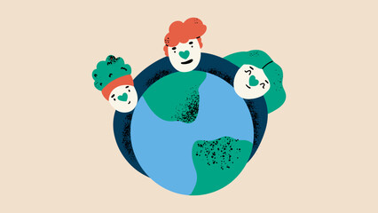 Wall Mural - Sustainable living and ESG concept hand draw illustration. The family embraces the planet.  Earth day poster.