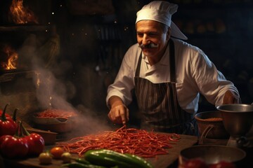 Wall Mural - A man wearing a chef's hat is seen preparing food in a kitchen. This image can be used to showcase cooking, culinary skills, or professional kitchen settings.