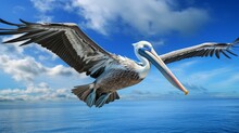 A Pelican In Mid-flight, Wings Outstretched Against A Backdrop Of Clear, Azure Skies