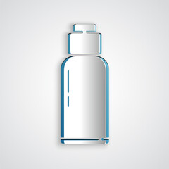 Wall Mural - Paper cut Canteen water bottle icon isolated on grey background. Tourist flask icon. Jar of water use in the campaign. Paper art style. Vector Illustration