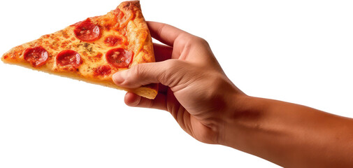 Hand holding delicious slice of pepperoni pizza, cheese, salami, PNG, Transparent, isolate.