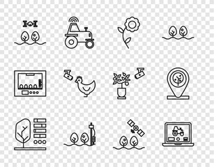 Sticker - Set line Plant status, Laptop application for smart farm, Flower, Standalone sensor and plant, Smart with drone, Chicken camera, and Location tree icon. Vector