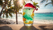 Cocktail in a glass, Santa's hat, sea beach