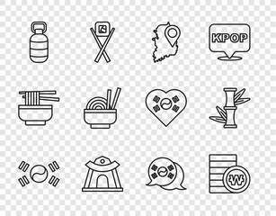 Set line South Korea flag, Korean won coin, map, temple, lantern, Asian noodles bowl, and Bamboo icon. Vector