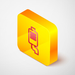 Sticker - Isometric line Car muffler icon isolated on grey background. Exhaust pipe. Yellow square button. Vector