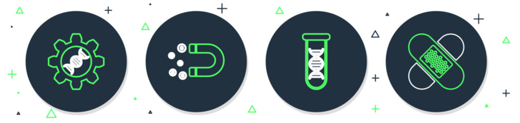 Sticker - Set line Magnet with money, DNA research, search, Genetic engineering and Crossed bandage plaster icon. Vector