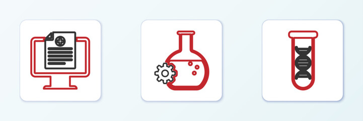 Poster - Set line DNA research, search, Clinical record on monitor and Bioengineering icon. Vector