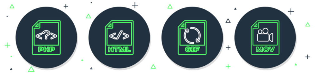 Set line HTML file document, GIF, PHP and MOV icon. Vector
