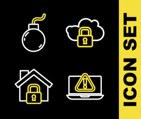 Poster - Set line Cloud computing lock, Laptop with exclamation mark, House under protection and Bomb ready explode icon. Vector