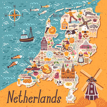 Vector Stylized Map Of Netherlands. Travel Illustration With Dutch Landmarks, People,traditional Holland Food.
