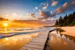 A serene beach with a wooden boardwalk leading to the water, perfect for a sunset stroll.