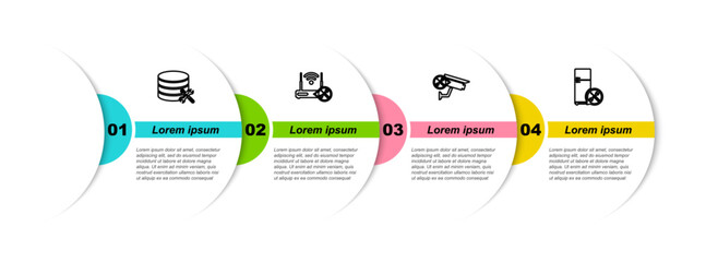 Sticker - Set line Database server service, Router wi-fi with, Security camera and Refrigerator. Business infographic template. Vector