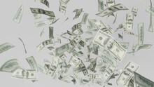 Hundred Dollars Banknotes Fly On Black Background. Money Rain Concept