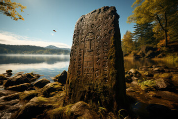 Wall Mural - A Viking runestone inscribed with tales of conquest and exploration, found across Northern Europe. Generative Ai.