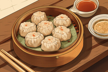 Wall Mural - illustration of a Chinese dim sum on bamboo steamer