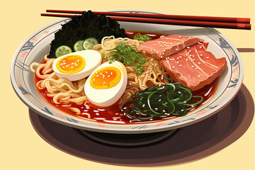 Wall Mural - illustration of a Japanese Ramen with pork slices ,seaweed , eggs