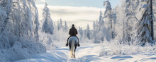 Rider on horseback exploring a pristine snowy forest