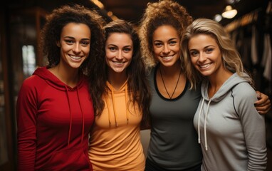 Poster - Female fitness friends smiling and standing together in sportswear. Generative AI