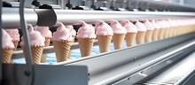 Modern Food Processing Factory Manufacturing Ice Cream Cones On A Conveyor Belt At A Dairy Dairy