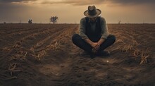 Farmer Sitting On The Field Floor Looking Down With All The Dead Plants, Climate Change Concept