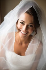 Wall Mural - Beautiful smiling bride under veil. Generative AI