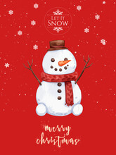 Merry Christmas, Let It Snow, Christmas Poster With Cute Snowman On Red Background, Festive Banner, Wallpaper 