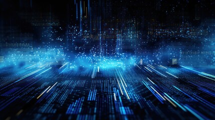 IT technology background with cascading lines of code and algorithms, showcasing the core of digital infrastructure