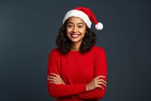 Portrait Of Young Asian Woman With Positive Expression, Arms Crossed, Smiling Broadly, Wearing Christmas Clothes And Christmas Look, Generative Ai