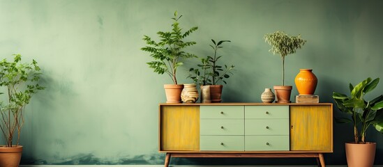 Wall Mural - Retro home interior with vintage cupboard elegant gold accessories and plenty of stylish potted plants Cozy decor with a minimalist home garden concept