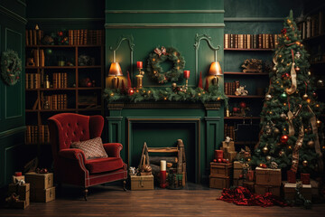 Christmas interior background with burgundy and green decorations