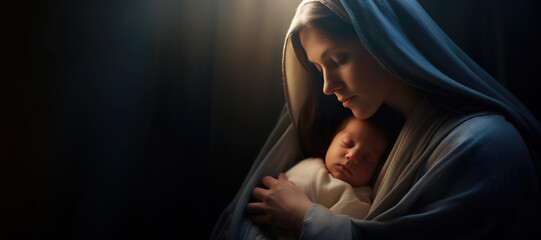 Wall Mural - Portrait of Mary with Baby Jesus, Blurred Background with Copy Space