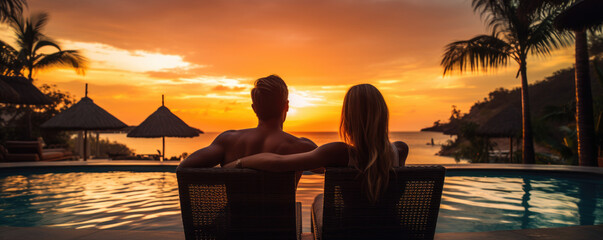 Wall Mural - Young couple traveler relaxing and enjoying the sunset by a tropical resort pool