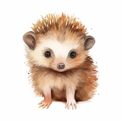 Wall Mural - Watercolor illustration of  a baby hedgehog isolated on white, cute nursery animal portrait  illustration.