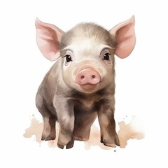 Wall Mural - Watercolor illustration of  a baby pig isolated on white, cute nursery animal portrait  illustration.