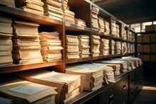 Archive Of Paper Documents. Background With Selective Focus And Copy Space