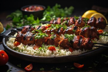 Wall Mural - Appetizing shish kebab on skewers. Traditional American cuisine. Popular authentic dishes. Background