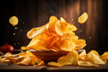 Wall Mural - Potato chips. Background with selective focus and copy space