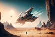 An advanced minimalistic spaceship having a dogfight against an entire fleet in a desert planet shooting lasers and missiles receiving enemy shots flying between two Zhangjiajie mountain spires 