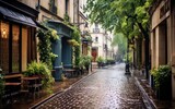 Fototapeta Uliczki - French style alley in Paris with plant-filled facades and wet stone road in the rain. Generative AI