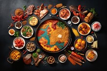 Diverse Range Of Global Cuisines. Top View Of World Map Made Of Food Ingredients And Vegetables.