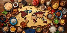 World Map Made Of Different Spices And Herbs On Dark Background, Top View. Diverse Range Of Global Cuisines.