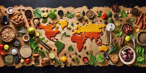 Diverse range of global cuisines. Top view of world map made of food ingredients and vegetables.