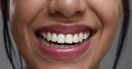 Sticker - Woman, mouth and closeup in studio for dental wellness, beauty and change with cosmetics by background. Girl, teeth whitening and smile for cleaning, health and zoom for oral care with hygiene