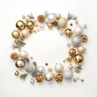 Christmas composition. Wreath made of Christmas decoration on white background. Flat lay, top view, copy space.